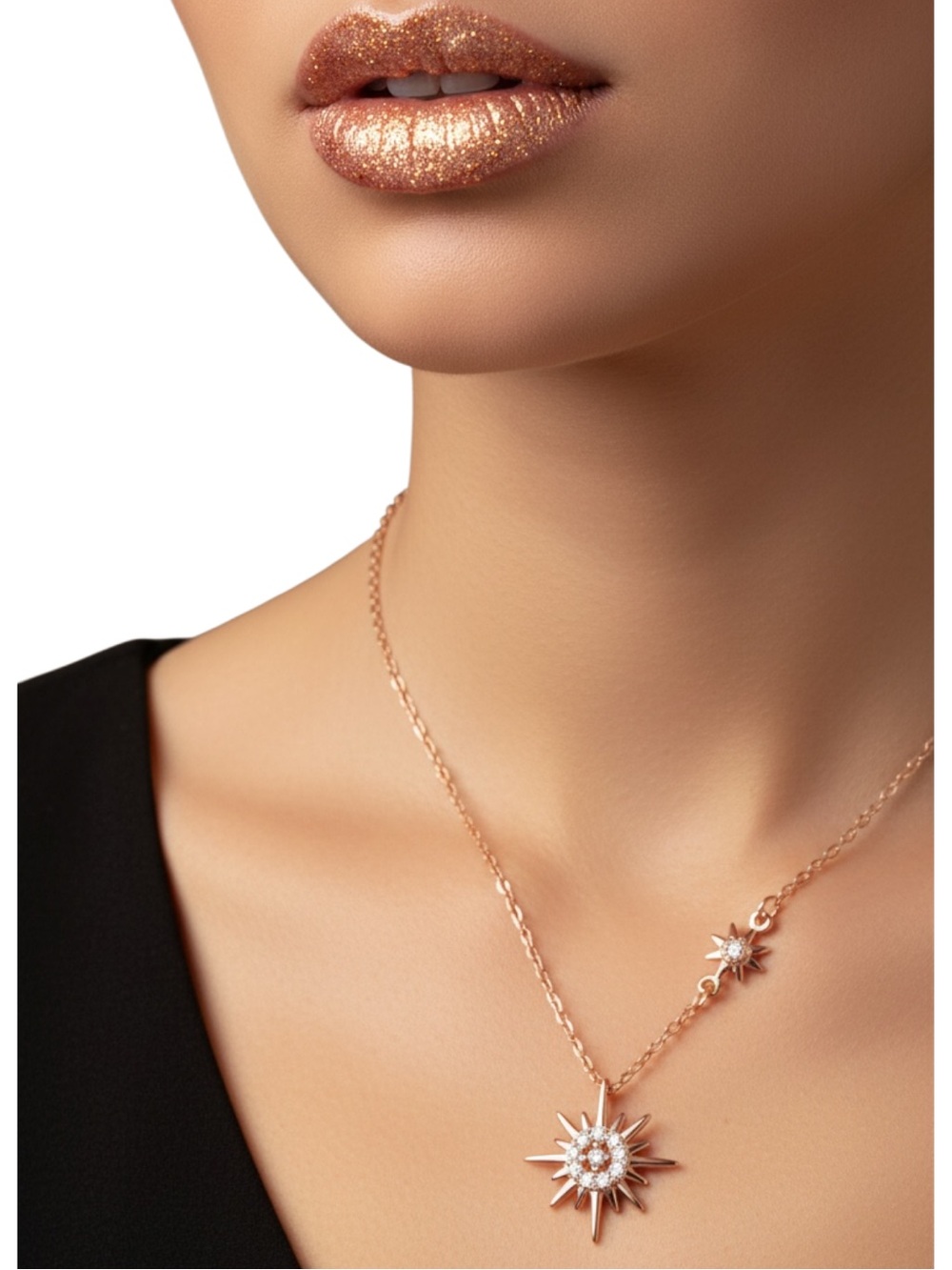 Rose Gold Plated and S925 Silver North Star Moissanite Pendant Necklace. New.